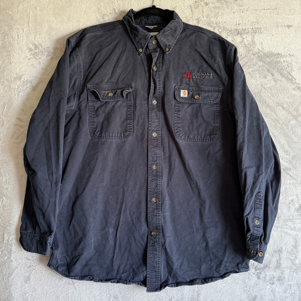 Carhartt Mens S09 MDT Midnight‎ Black Cotton Twill Work Shirt Large Cushman Logo